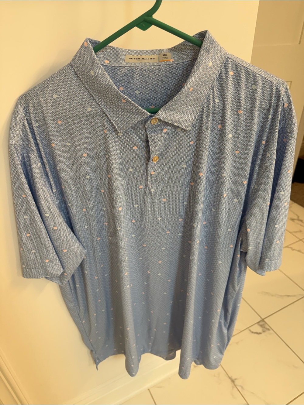 Peter Millar Sky Blue Polo with Subtle Pink Dot Pattern